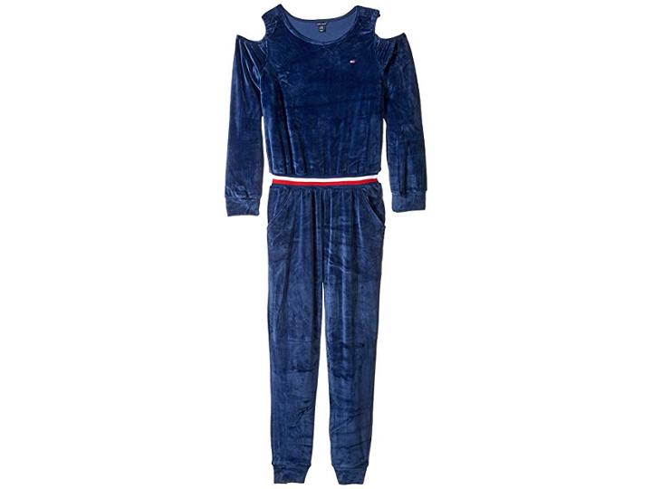 Tommy Hilfiger Kids Cold Shoulder Stretch Velvet Jumpsuit (big Kids) (flag Blue) Girl's Jumpsuit & Rompers One Piece