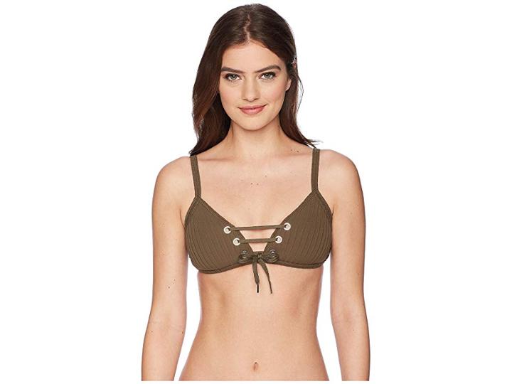Seafolly Inka Rib Lace-up Bralette (dark Olive) Women's Swimwear