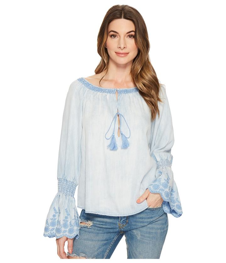 Michael Stars Linen Denim Tencel(r) Frilled Top (stripe) Women's Clothing