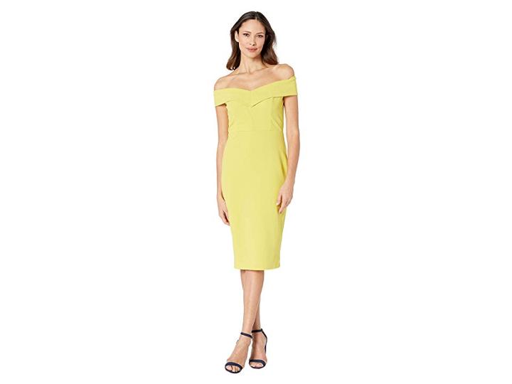 Eci Off The Shoulder Sweetheart Neck Scuba Crepe Sheath (yellow) Women's Dress