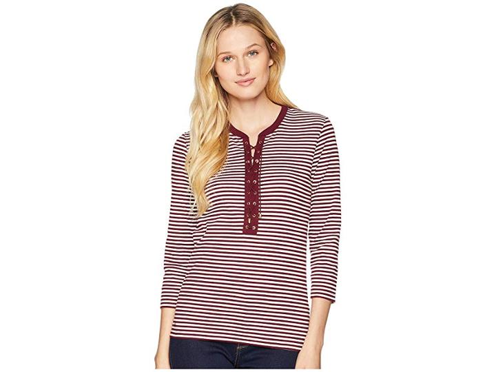 Lauren Ralph Lauren Lace-up Striped Cotton Top (bordeaux/mascarpone Cream) Women's Clothing