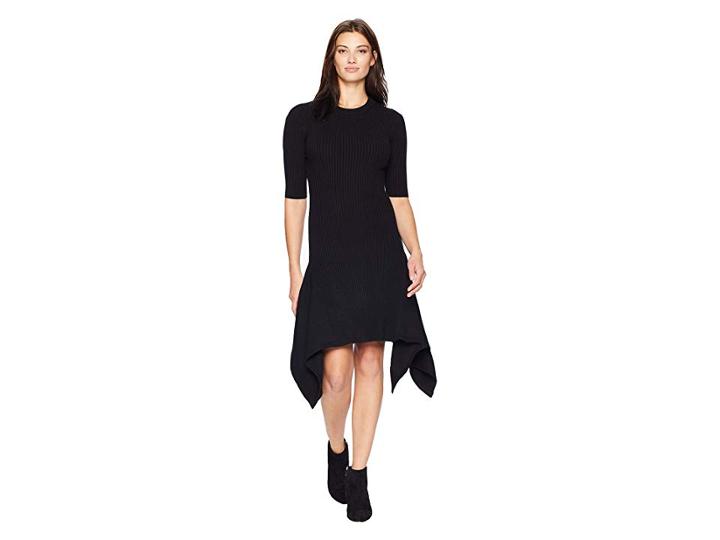 Vince Camuto Elbow Sleeve Ribbed Knit With Asymmetrical Hem (black) Women's Dress