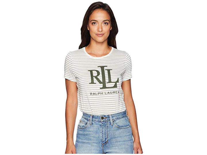 Lauren Ralph Lauren Striped Logo T-shirt (mascarpone Cream/admiral Green) Women's T Shirt