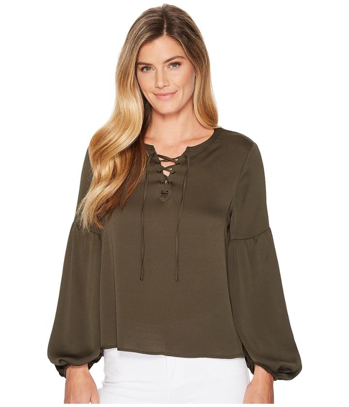 Vince Camuto Lace-up Bubble Sleeve Hammer Satin Blouse (rich Olive) Women's Blouse