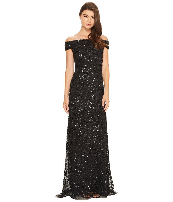 Adrianna Papell Off The Shoulder Crunchy Bead Gown (black) Women's Dress