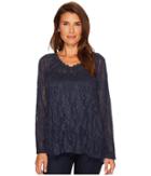 Dylan By True Grit Floral Crochet Lace Smock V-neck Top (indigo) Women's Long Sleeve Pullover