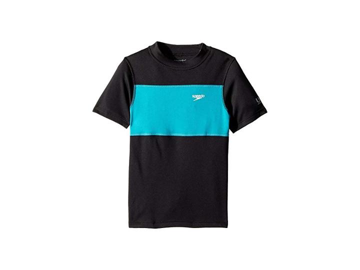 Speedo Kids Blocked Short Sleeve Swim Tee (little Kids/big Kids) (marine Green) Boy's Swimwear