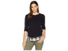 Two By Vince Camuto Long Sleeve Mixed Media Plaid Fray Hem Top (rich Black) Women's Clothing