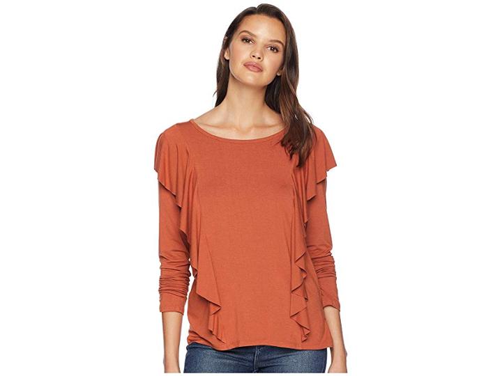 Frye Long Sleeve Ruffle Knit Top (baked Clay) Women's Clothing