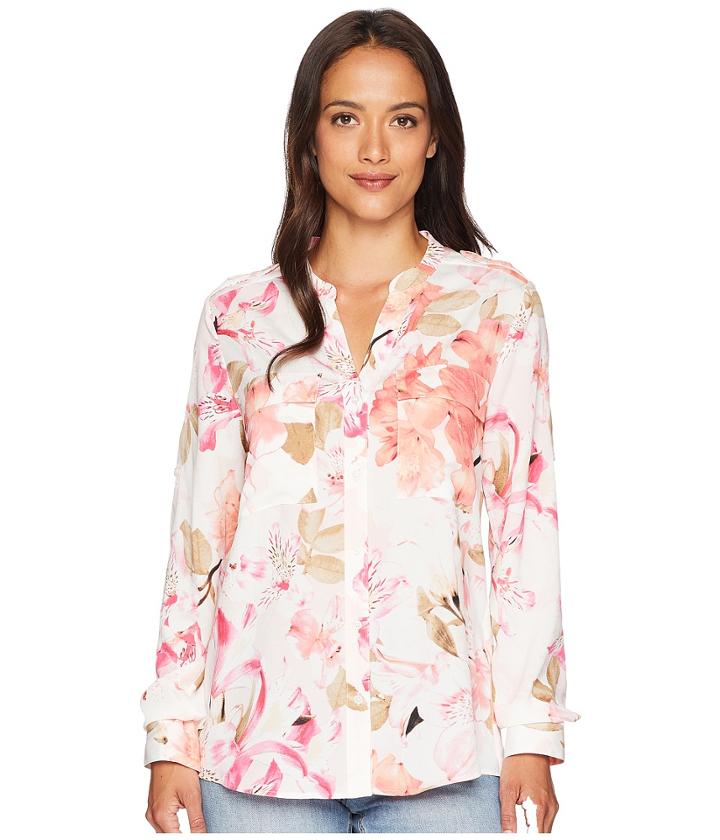 Calvin Klein Printed Roll Sleeve Blouse (white/latte) Women's Blouse