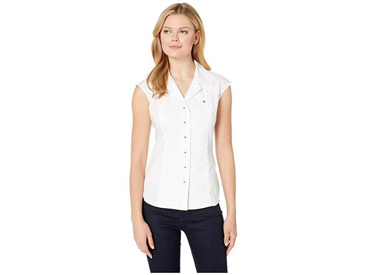 Tommy Hilfiger Short Sleeve Button Front Cotton Shirt (bright White) Women's Clothing