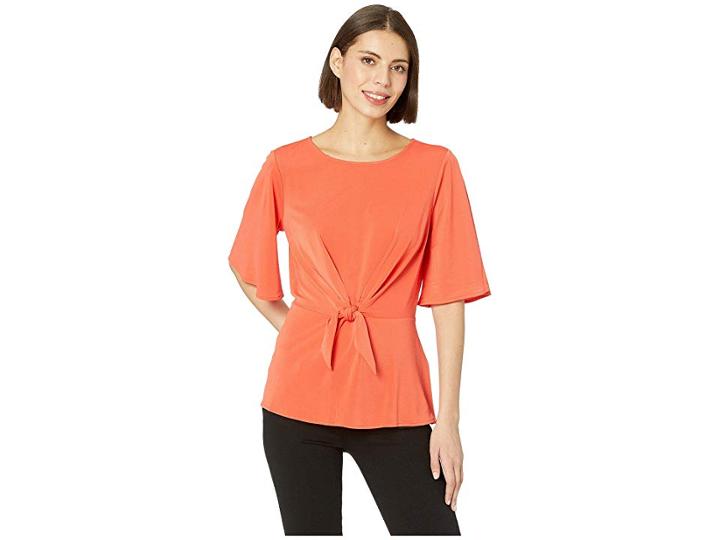 Eci Elbow Sleeves Knit Top W/ Mock Front Tie (coral) Women's Clothing