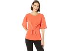 Eci Elbow Sleeves Knit Top W/ Mock Front Tie (coral) Women's Clothing