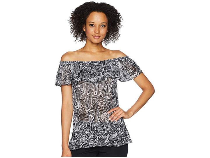 Michael Michael Kors Swirl Off Shoulder Gather Top (white/black) Women's Clothing