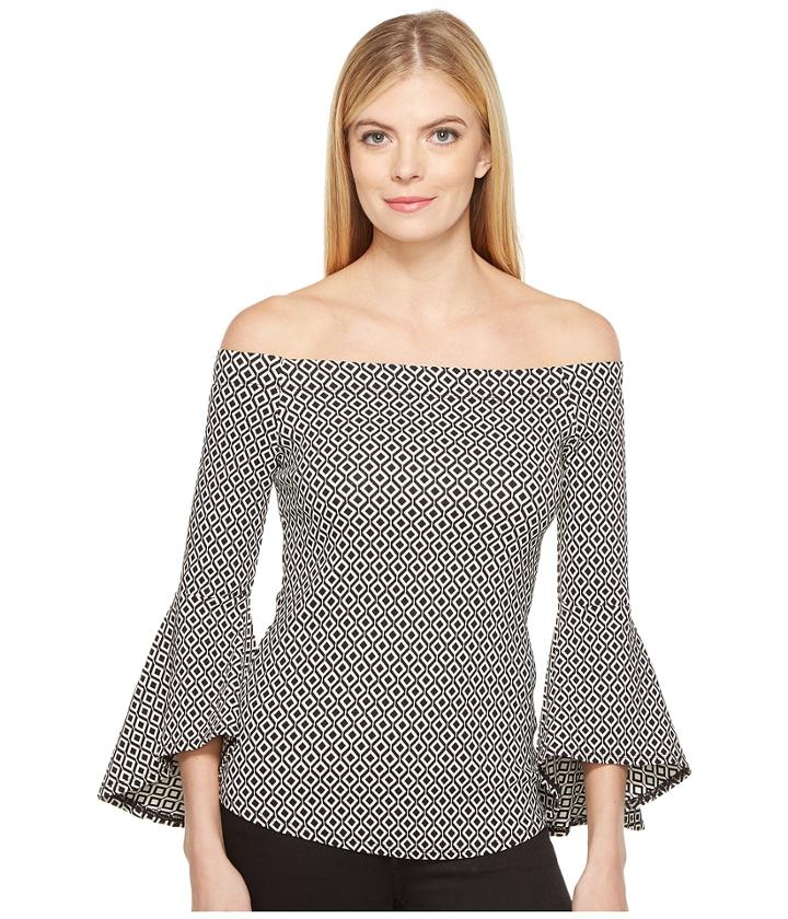 Karen Kane Diamond Jacquard Bell Sleeve Top (black/white) Women's Clothing
