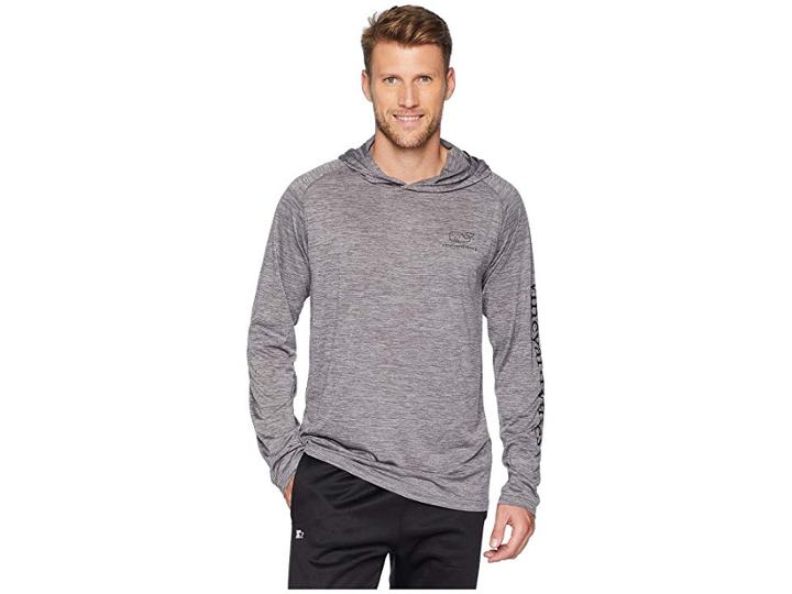 Vineyard Vines Long Sleeve Performance Space Dye Hoodie Whale Tee (charcoal Heather) Men's T Shirt