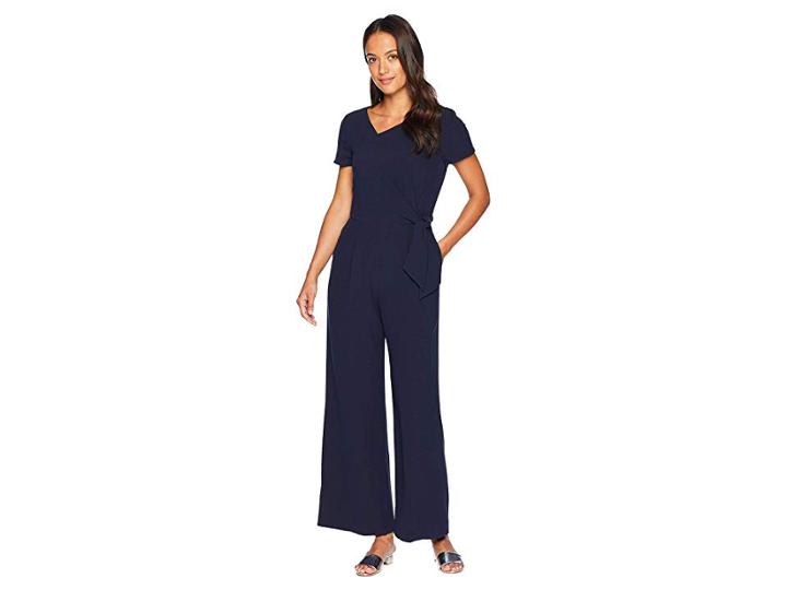 Tahari By Asl Petite Short Sleeve Crepe Jumpsuit With Asymmetrical Neck And Side Tie (navy) Women's Jumpsuit & Rompers One Piece
