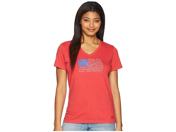 Life Is Good Peace Love Flag Crusher Vee Tee (americana Red) Women's T Shirt
