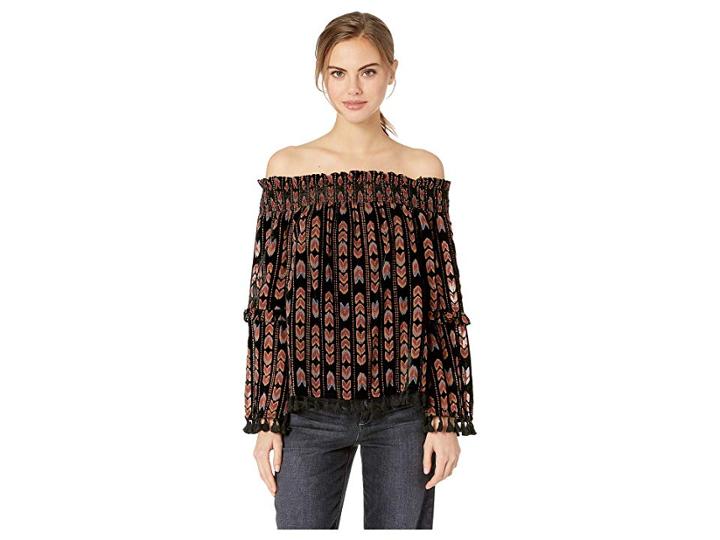 Miss Me Arrow Velvet Burnout Tassel Trim Off The Shoulder Top (black) Women's Clothing