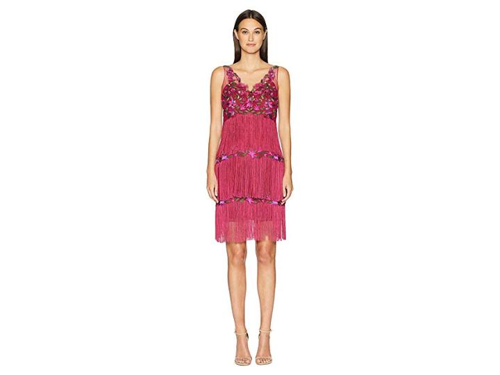 Marchesa Notte V-neck Embroidered Fringe Cocktail (berry) Women's Dress