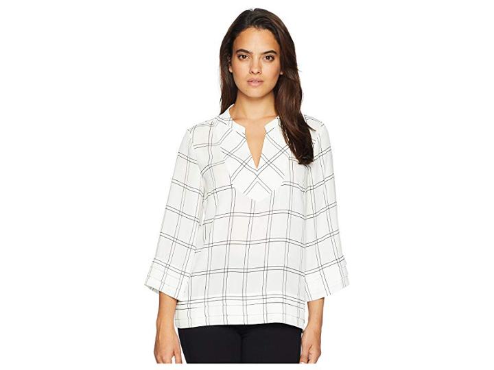 Ivanka Trump Long Sleeve Plaid Top With Open Hem (plaid Ivory Multi) Women's Clothing