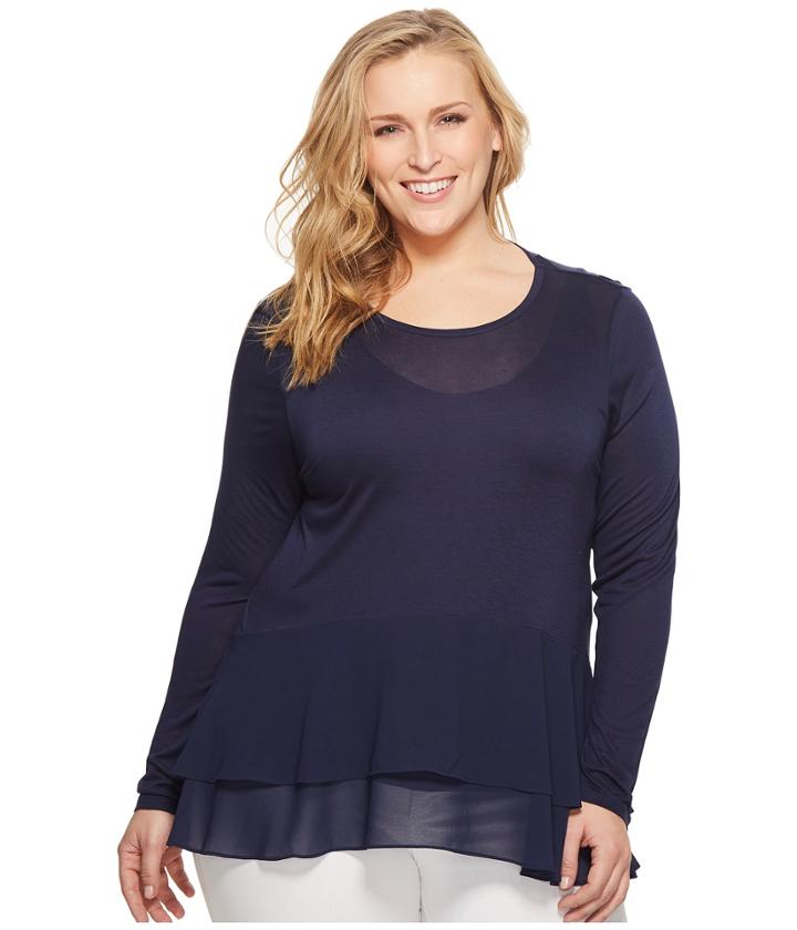 Michael Michael Kors Plus Size Woven Mix Double Hem Top (true Navy) Women's Clothing