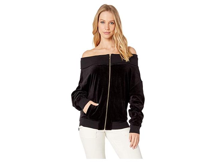 Juicy Couture Track Velour Ruched Off The Shoulder Jacket (pitch Black) Women's Clothing