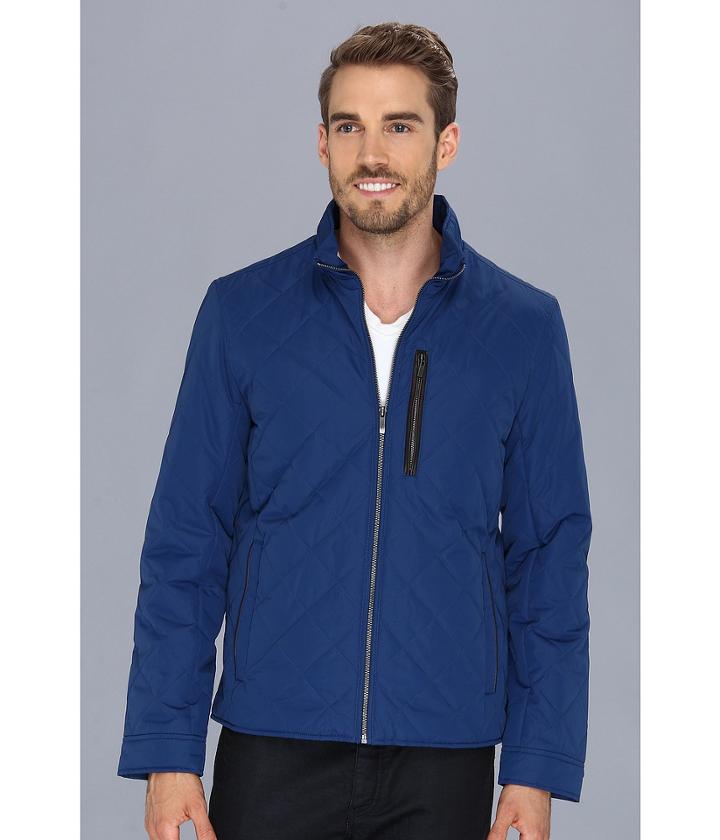 Cole Haan Quilted Jacket W/ Leather Details (blue) Men's Coat