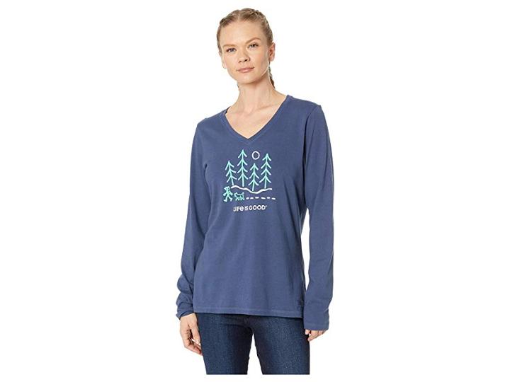 Life Is Good Long Sleeve Night Woods Crusher Vee (darkest Blue) Women's Clothing