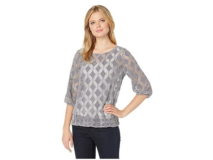 Mod-o-doc Diamond Chenille Lace 3/4 Sleeve Ballet Neck Top (grey) Women's Clothing