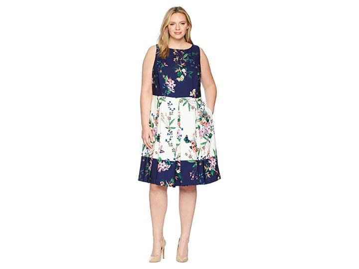 Tahari By Asl Plus Size Scuba Fit-and-flare Dress (ivory/navy/coral) Women's Dress
