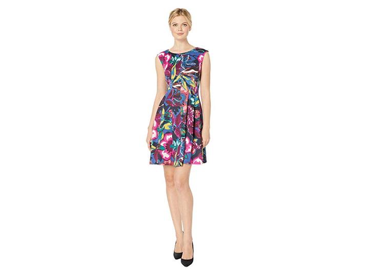 Gabby Skye Printed Scuba Fit N Flare Dress (navy Multi) Women's Dress