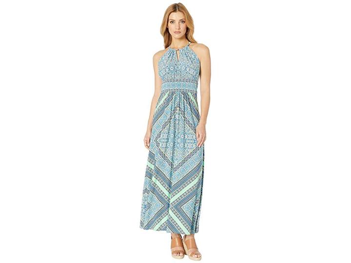 London Times Mexican Tile Keyhole Halter (blue) Women's Dress