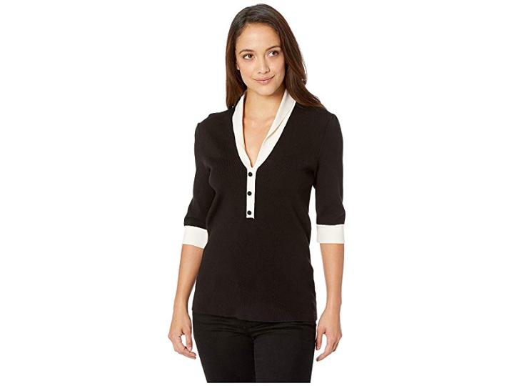 Anne Klein Short Sleeve Shawl Collar Sweater (anne Black/anne White) Women's Sweater