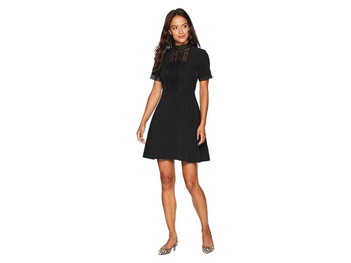 Tahari By Asl Petite Short Sleeve Crepe/lace Fit And Flare With High Neck (black) Women's Dress