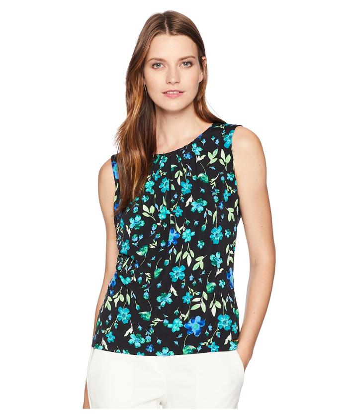 Calvin Klein Printed Pleat Neck Cami (lagoon Multi) Women's Clothing