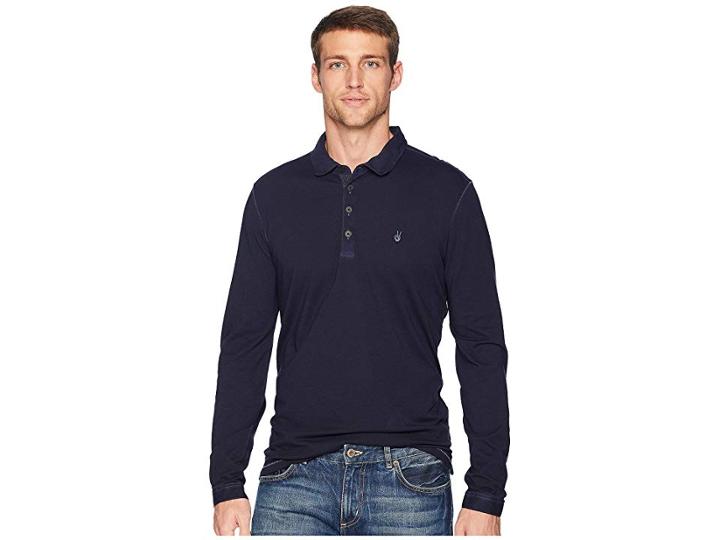 John Varvatos Star U.s.a. Long Sleeve Polo W/ Peace Sign Embroidery (midnight) Men's Clothing