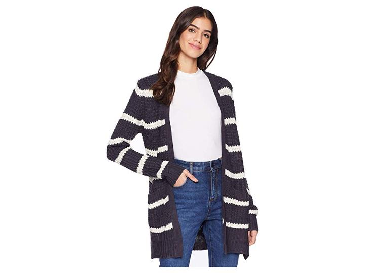 Pink Rose Lace-up Long Sleeve Open Cardigan W/ Pocket (dark Sea Combo) Women's Sweater