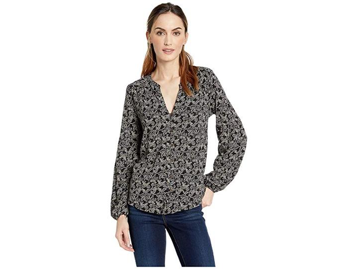 Lucky Brand Button Front Puff Sleeve Top (black Multi) Women's Clothing