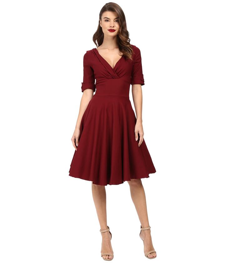Unique Vintage 3/4 Sleeve Delores Swing Dress (burgundy) Women's Dress