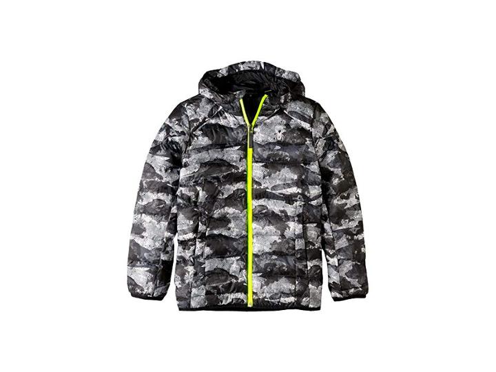 Spyder Kids Geared Hoodie Synthetic Down Jacket (big Kids) (camo Distress Black/camo Distress Black/bryte Yellow) Boy's Coat