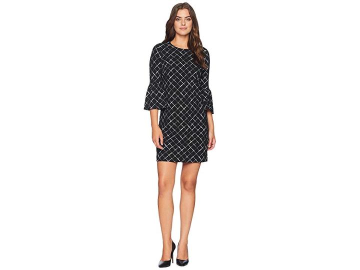 Calvin Klein Printed Ponte Bell Sleeve Dress Cd8p986l (black/cream) Women's Dress