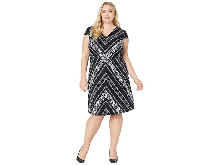Adrianna Papell Plus Size Botanical Chevron Fit Flare Dress (black/ivory Multi) Women's Dress