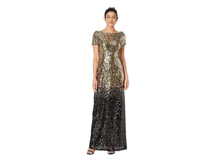 Marina Long Ombre Sequin Dress With Short Sleeves And V-back (gold/black) Women's Dress