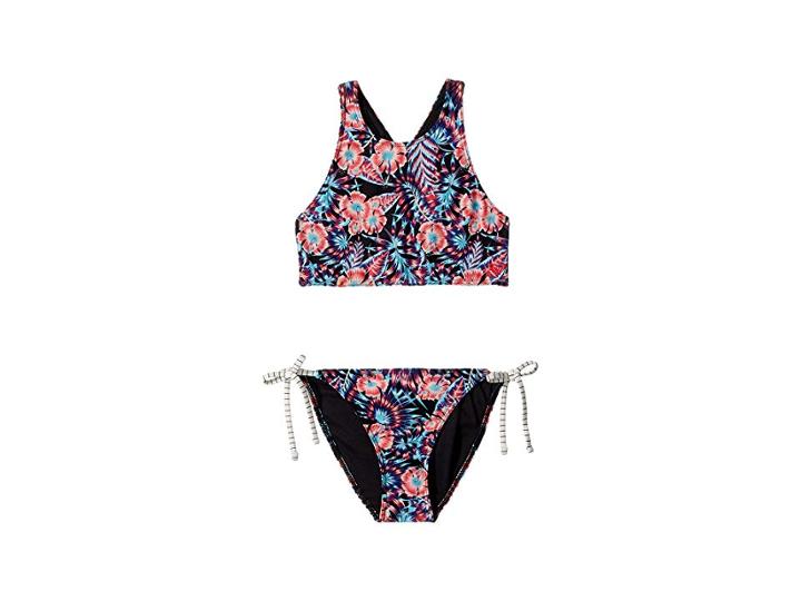 Roxy Kids Surfing Miami Print Crop Top Set (big Kids) (anthracite/tropical Dream) Girl's Swimwear Sets