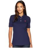 U.s. Polo Assn. Short Sleeve Lace Yoke Solid Stretch Pique Polo Shirt (evening Blue) Women's Clothing