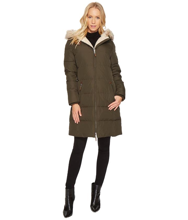 Lauren Ralph Lauren Faux Leather Trim Hooded Down W/ Berber (litchfield Loden) Women's Coat
