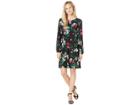 Nine West Printed Ity Tulip Arrangement Long Sleeve Dress (black/ruby Red Multi) Women's Dress