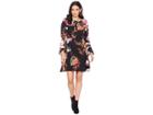 Eci Tie Neck Long Sleeve Printed Floral Chiffon Fit And Flare Dress (black/orange) Women's Dress
