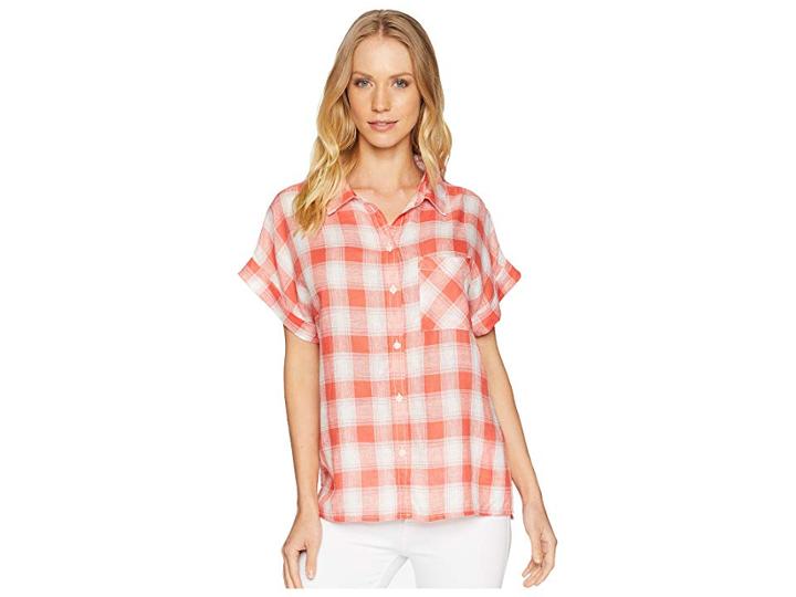 Sanctuary Mod Short Sleeve Boyfriend Shirt (chili Plaid) Women's Clothing